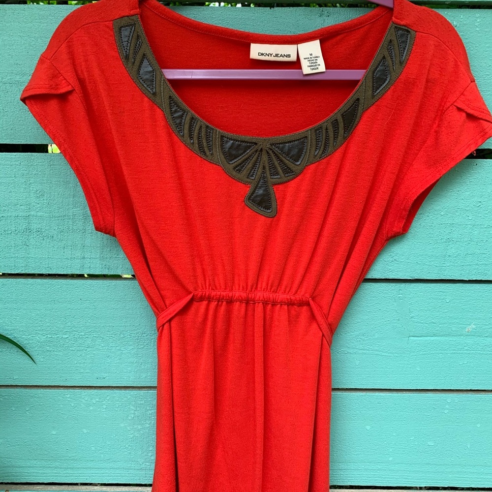 *EUC* DKNY Jeans Red-Orange Vegan Leather Trim Top